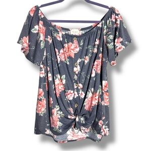 143 Story by Line Up Size L Gray Pink Off Shoulder Button Front Tie Flowy Blouse